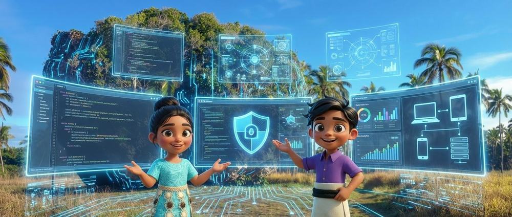 Two young Tongan technologists standing in front of holographic cybersecurity dashboards