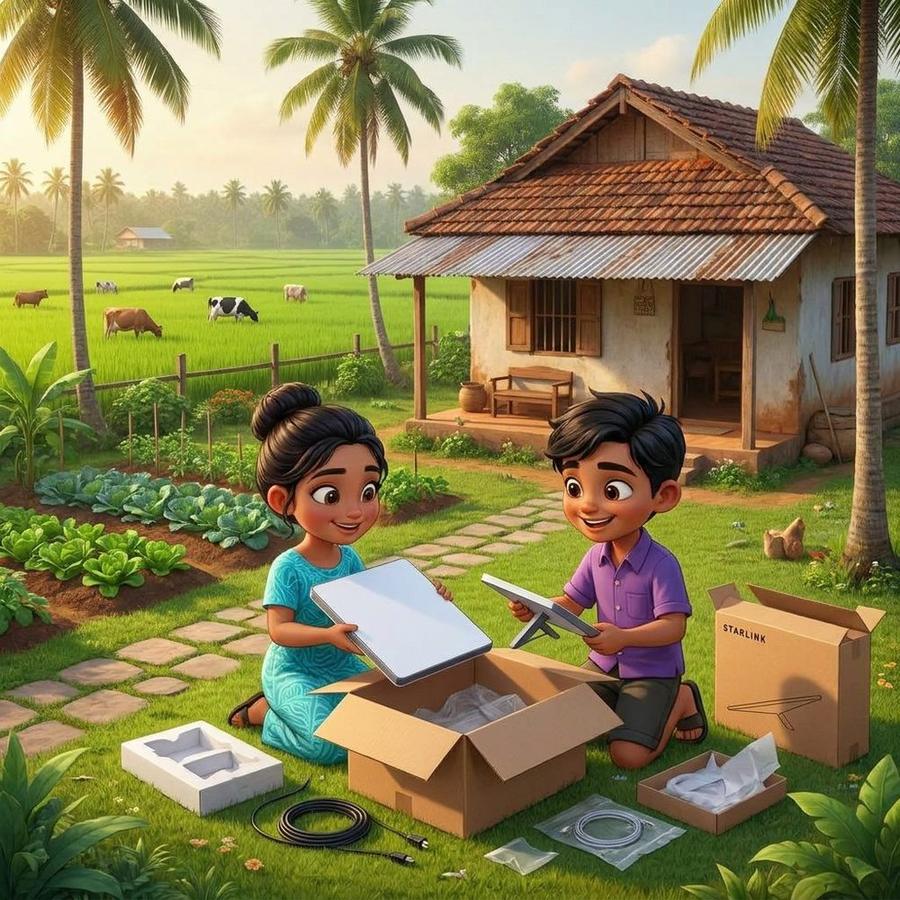 Children unboxing a Starlink satellite kit outside a rural Tongan home