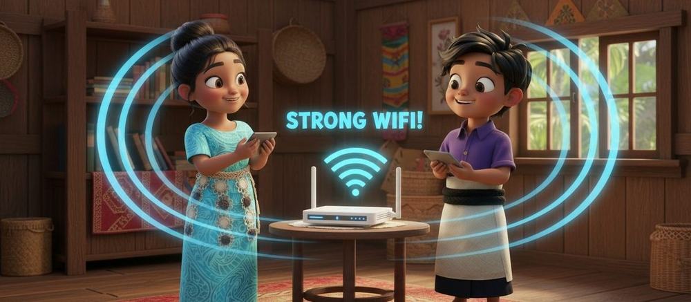 Two children smiling next to a WiFi router with a "Strong WiFi!" glow in a Tongan home